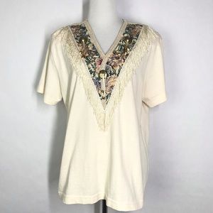 Casual Look Cream Size Medium V neck Vintage Fringe Padded Shoulder Shirt
